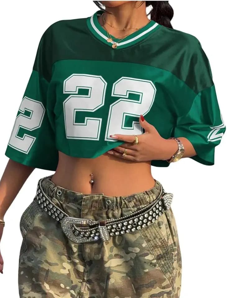 WDIRARA Women's Jersey Shirts Number Graphic Short Sleeve V Neck Crop Tee