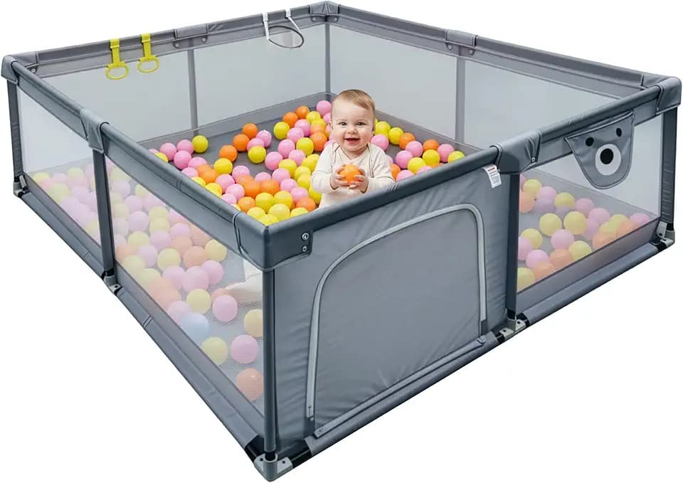 Relaxdays Laufstall Baby, versch. Größen, Laufgitter mit 50 Bällen, 2 Laufstallringe, sichere Spielecke, Oxford, grau