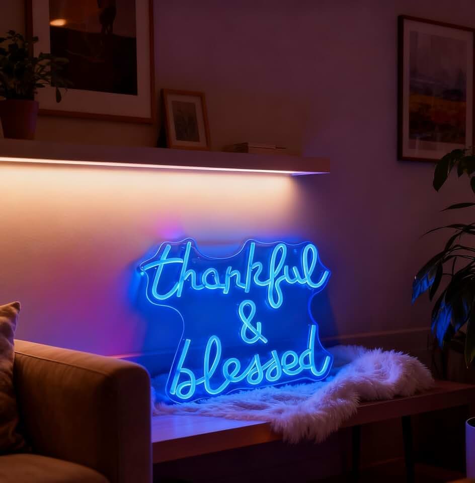 Thankful and Blessed Neon Sign, USB Powered Dimmable Decorative Neon Light for Home Living Room Bedroom Entryway Gratitude Themed Party Decor Wall Table Light Up Sign 14.6 x 12.6 In
