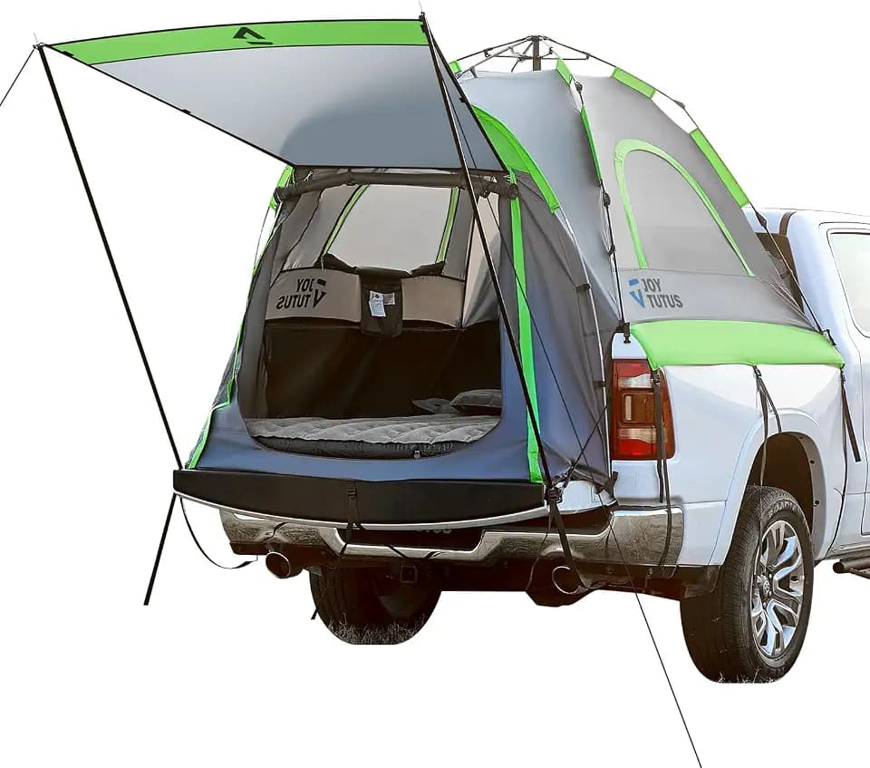 JOYTUTUS Semi-Automatic Truck Bed Tent with Awning, Easy Set-up with Pre-Assembled Design, 2 Person Portable Truck Camping Tent with Rainfly for 5.0FT-6.5FT Pickup Truck Bed, Waterproof PU2000mm