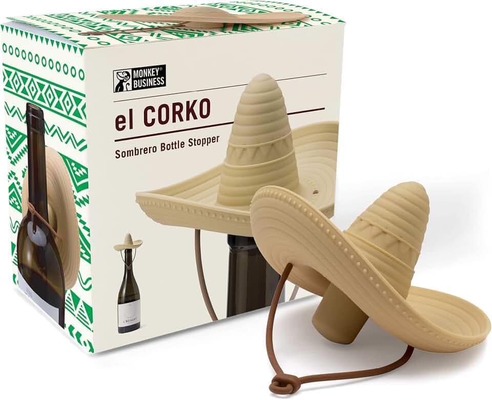 Monkey Business Silikon Weinstopfen, Sombrero-förmige Weinflaschenverschlüsse, Weinzubehör, El Corko Weinflaschen- und Sektflaschenverschluss