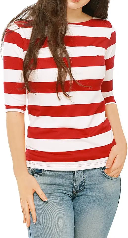 Allegra K Women's Striped Shirt Elbow Sleeve Slim Fit Casual Boat Neck Top