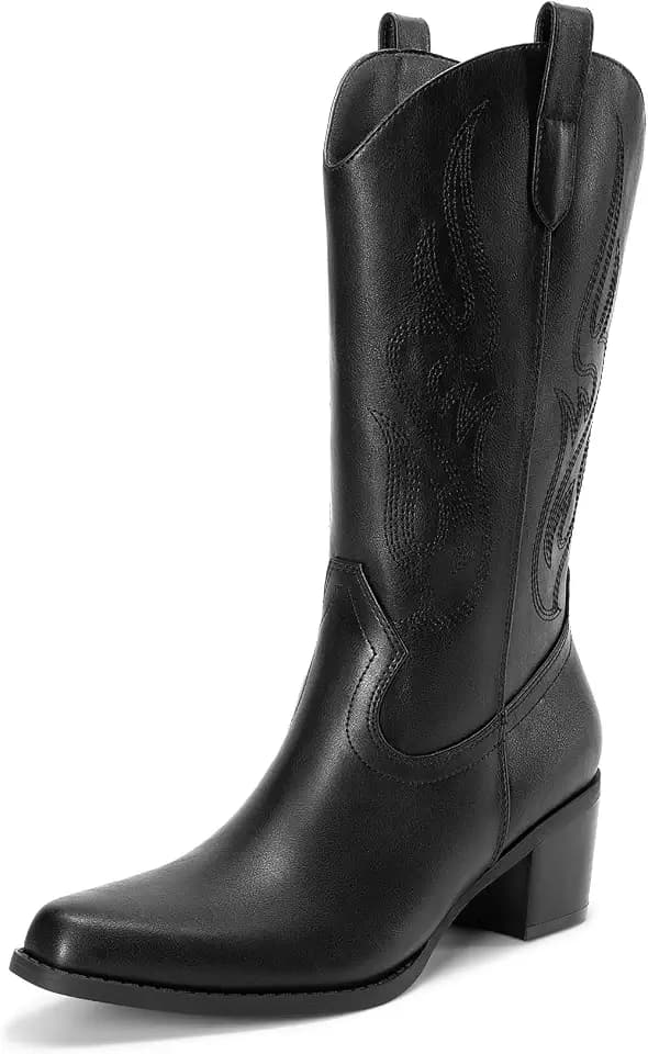 DREAM PAIRS Women's Square Toe Cowboy Mid Calf Western Boots