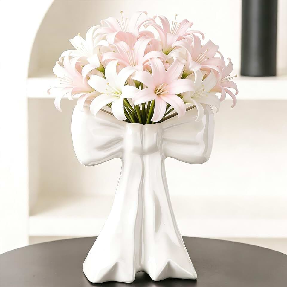 Disoza Bow Vase Decorative Flower Farmhouse White Dazzling Tulip Pampas Grass Ceramic Vase Modern Decor for Table Bathroom Shelf