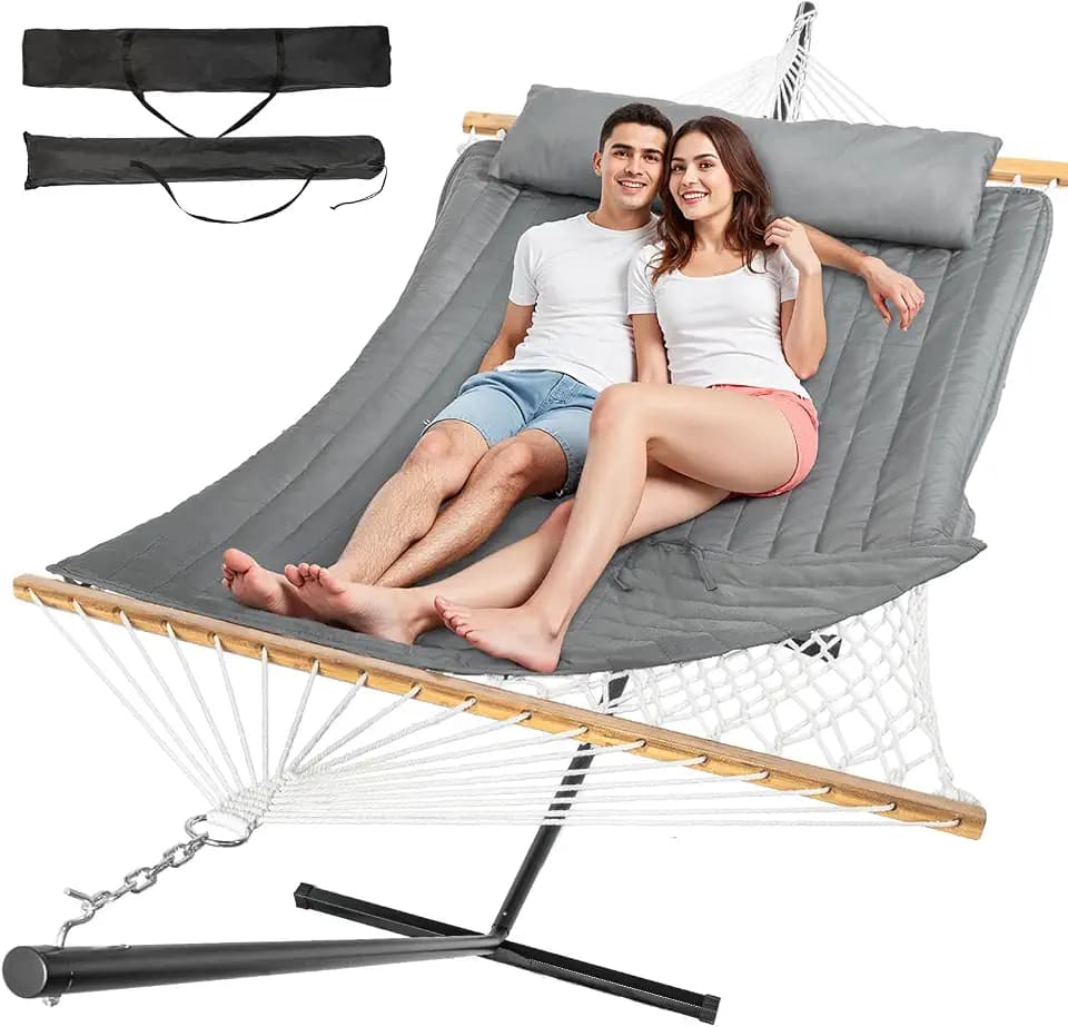 Everyfun 2 Person Double Hammock with Stand, 500 lb Cotton Rope, Dark Gray