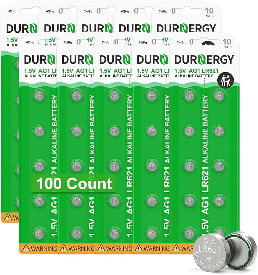 DURNERGY SR621SW Watch Battery 100 Pcs, AG1 Battery Watch Batteries 364 363, Alkaline Coin Button Cell Battery, LR621 Green Battery