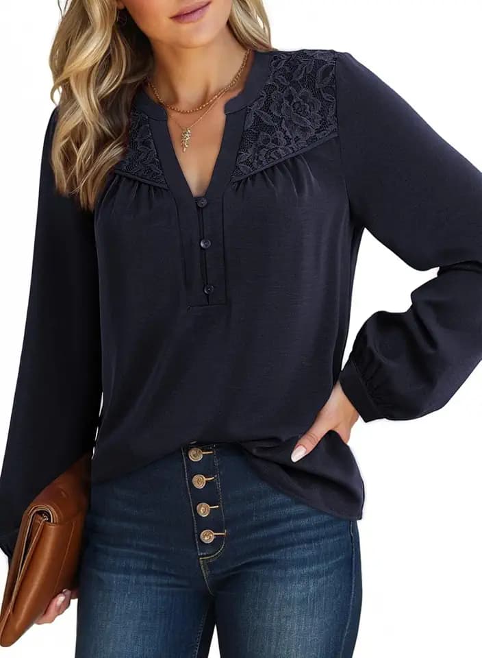 Dokotoo Womens Tops Dressy Casual Blouses Business Work Button Down Shirts V Neck Long Sleeve Shirts