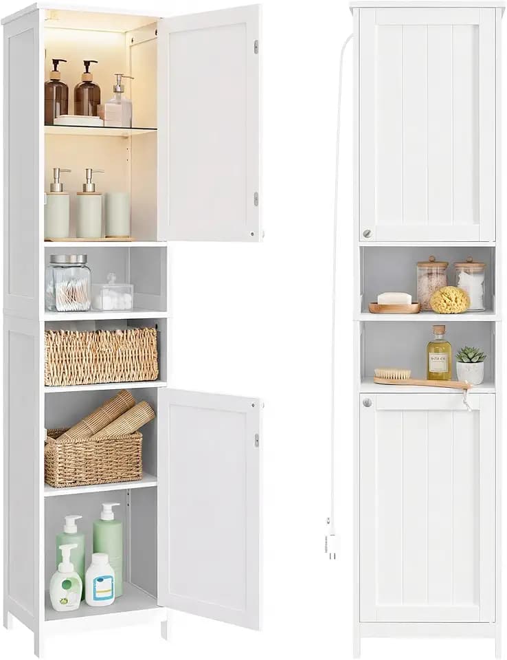 VASAGLE Tall Storage Cabinet with Lights, Slim, 15.7" W, Cloud White