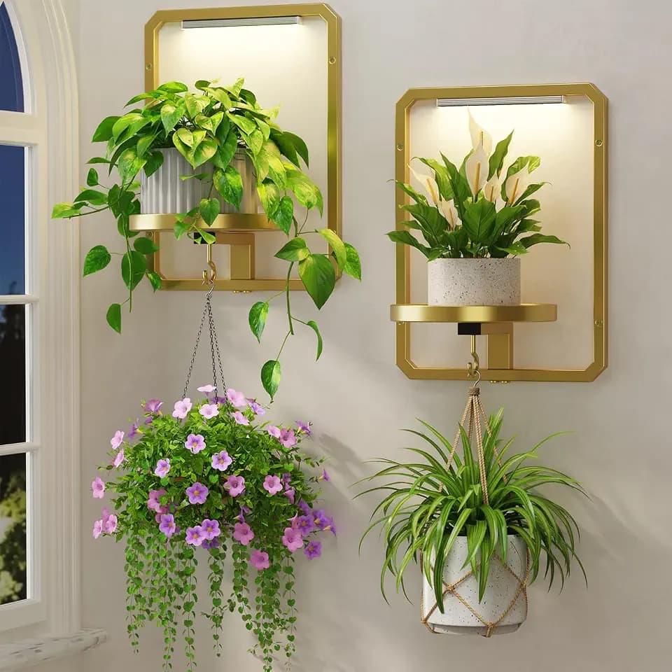LASZOLA Plant Picture Frame Holder Shelf Wall with Lights, 2 Pcs Gold