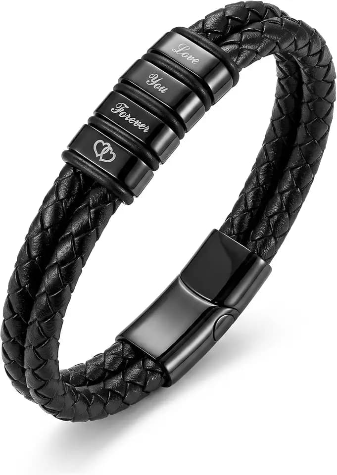 HIMSTORY Leather Bracelets for Men, Braided Mens Cuff Bracelets with Stainless Steel Clasp Unique Jewelry Gifts for Men