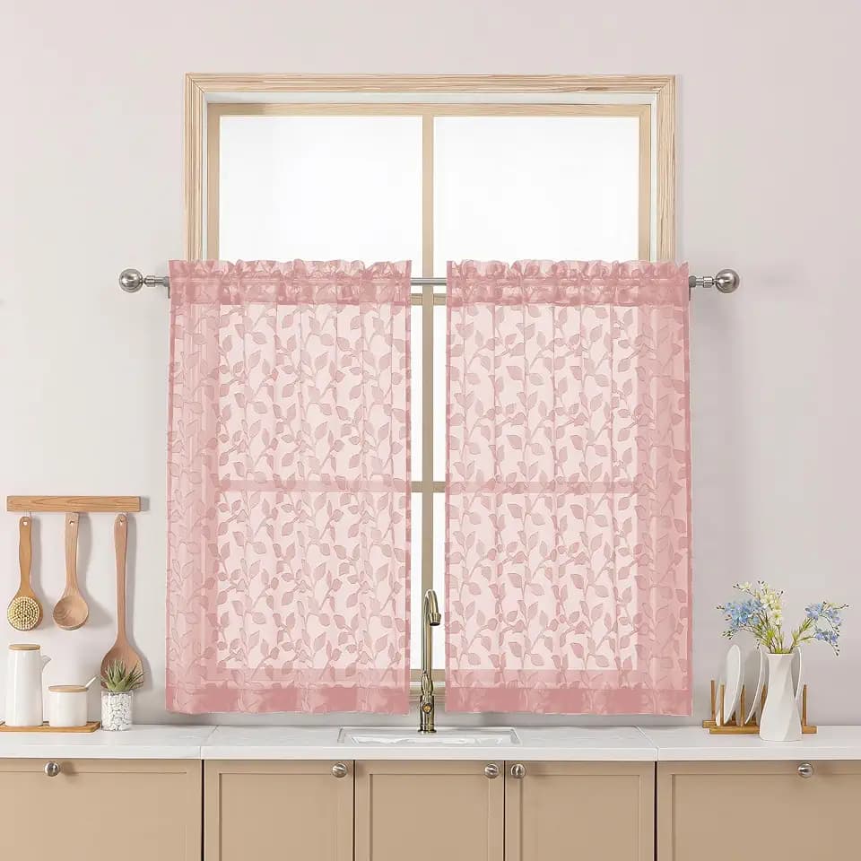 Chyhomenyc Blush Pink Sheer Curtains 36 Inch Length, Light Filtering Leaf Tufted Textured Small Window Kitchen Curtain Over Sink, Short Half Window Curtains for Bathroom Basement, 28"Wx36"L, 2 Panels