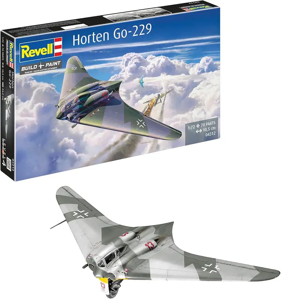 Revell Modellbausatz Flugzeug 1:72 - Horten Go 229 im Maßstab 1:72, Level 4, originalgetreue Nachbildung mit vielen Details, 04312, Mittel, Schwarz