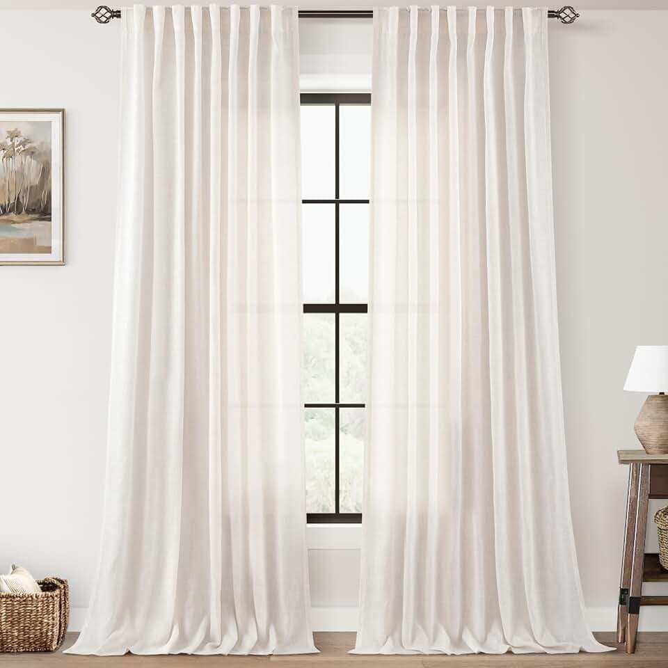 Cream Natural Linen Curtains 90 inch Length 2 Panels Set Neutral Rustic Farmhouse Living Room Drapes Back Tab Pleated Look Light Filtering Semi Sheer Curtains 90 inches Long Ivory Colored 60x90