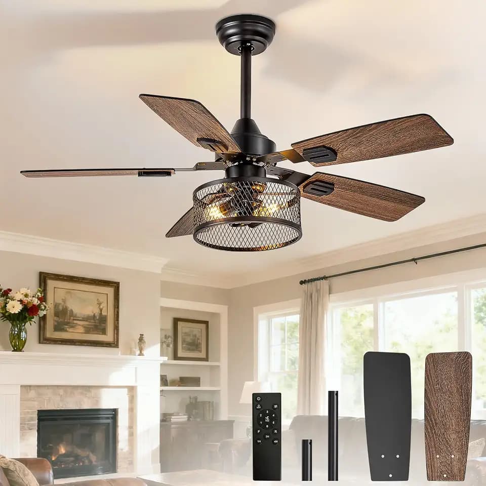 Depuley 42-Inch Ceiling Fans with Lights: Caged Ceiling Fans Dual Finish 5 Blades - Farmhouse Ceiling Fan with Remote Control for Rustic Living Room Outdoor Patio Reversible (Black Walnut)