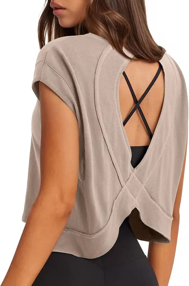 LASLULU Women's Athletic Open Back Short Sleeve T-Shirt