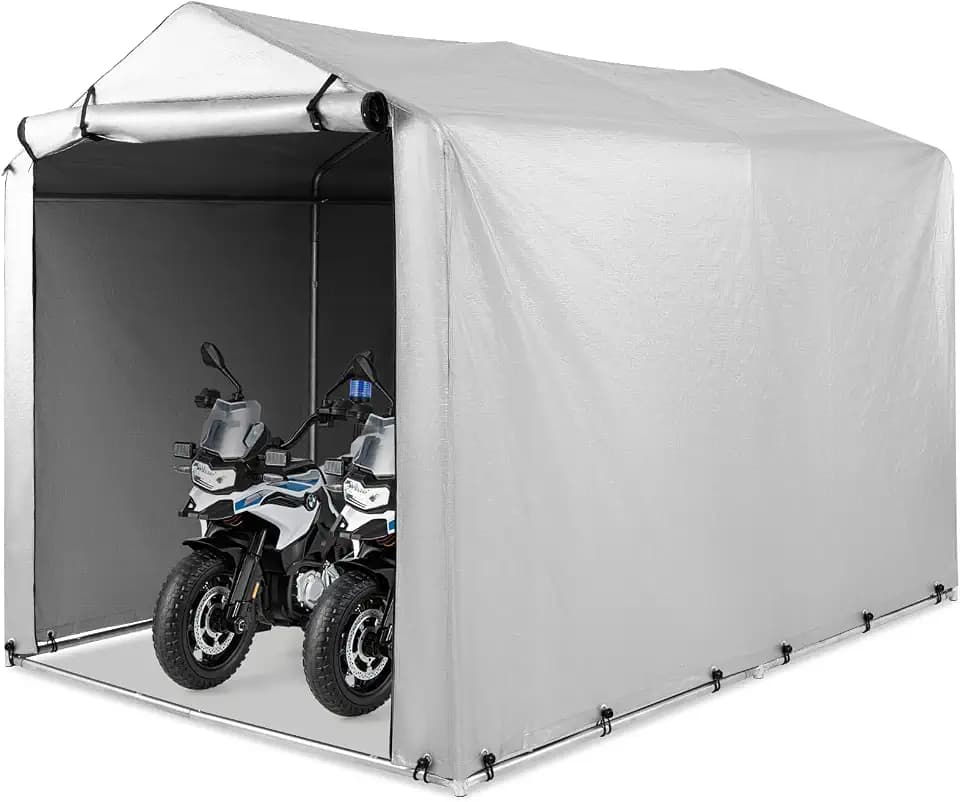 FANTASK Garagenzelt, 160x218x164 cm mit Metallrahmen, Wasserdichtes Gerätehaus mit aufrollbarer Reißverschlusstür für Fahrräder, Motorräder und Gartengeräter, Silbergrau