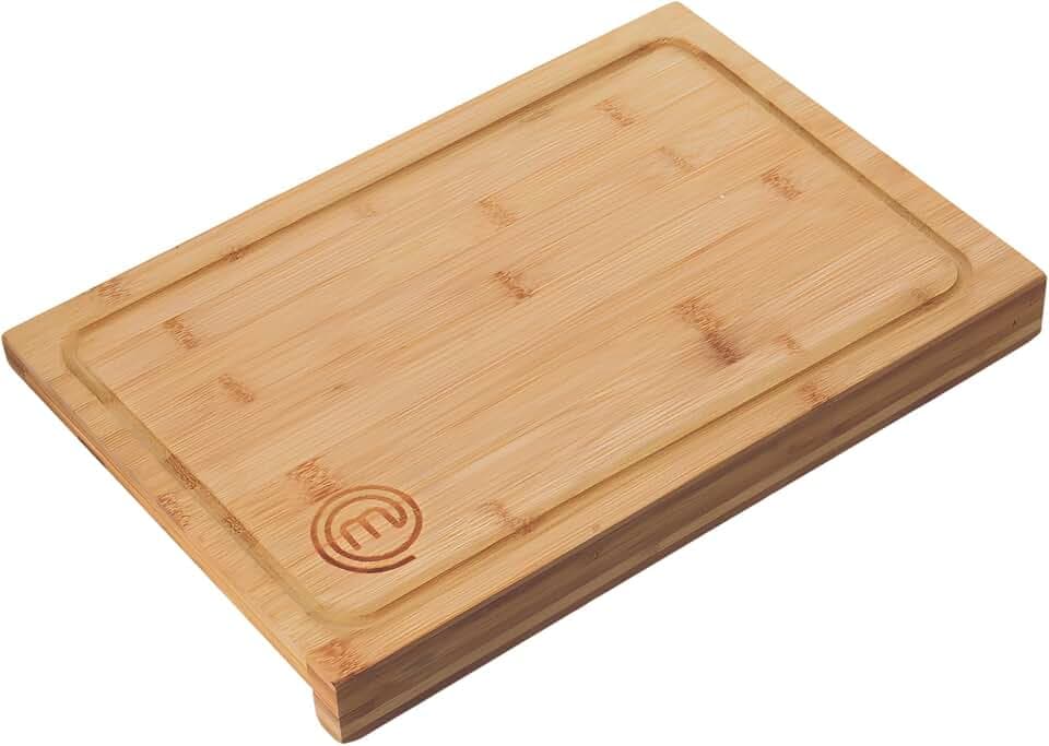 MasterChef Schneidebrett Holz, Holzbrett Küche aus Bambus, für Fleisch, Schinken, Brot, Käse, mit Saftrille und Anschlagkante, Natürlich, Nachhaltig,38.5L x 26.5W x 2H