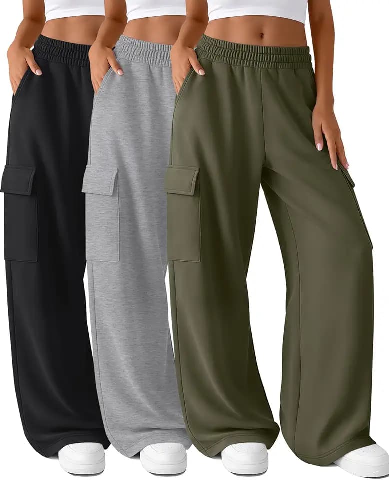 Locoowai 3 Pack Women's Cargo Sweatpants Wide Leg Baggy Pants