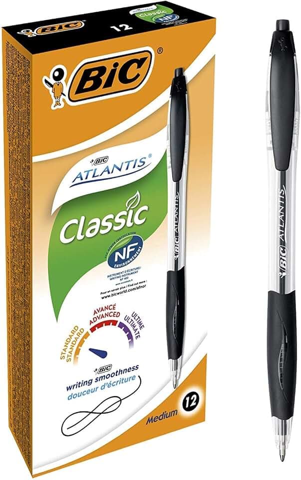 BIC Atlantis Classic Druckkugelschreiber 0,32 mm Schwarz, Gummierte Griffzone, Transparenter Schaft, Nachfüllbar, 12 Stück