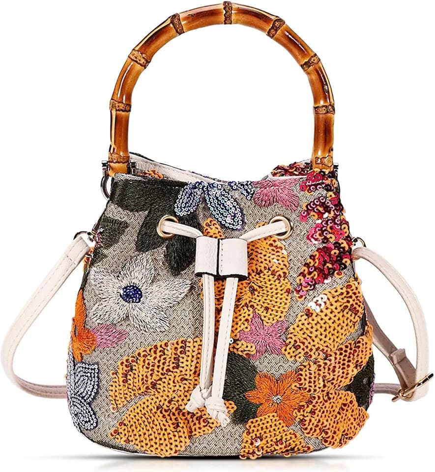 Crossbody Bags for Women, Beach Bag, Hand Embroidered Tot Bag, Bamboo carry handle Bucket bag, Bohemian Handbags Suitable for Vacation Travel Daily Matching