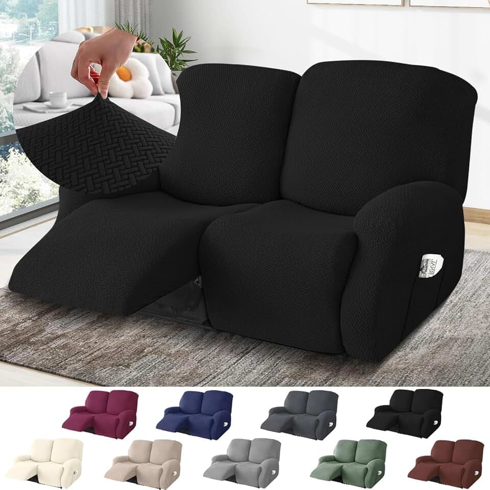 2-Sitzer Sessel Überzug, Sesselbezuge Stretch mit Taschen, All-Inclusive Streifen-Jacquard Sesselschoner für Fernsehsessel Relaxsessel Sesselhusse (Schwarz, 6-Teilig)