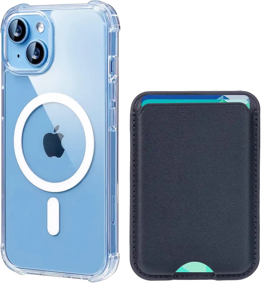 2-in-1 iPhone 14 Plus Magnetic Case Clear with Magnetic Leather Wallet Card Holder, Magsafe Wallet Case Cover, Yellow Resistant & MIL-Grade Drop Tested, Compatible with Mag-Safe -6.7'', Blue