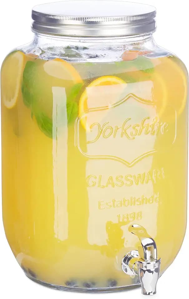 Relaxdays Getränkespender 8 l, Glas, Zapfhahn, Retro Saftspender Gastro, Vintage Limonadenspender Gartenparty, klar
