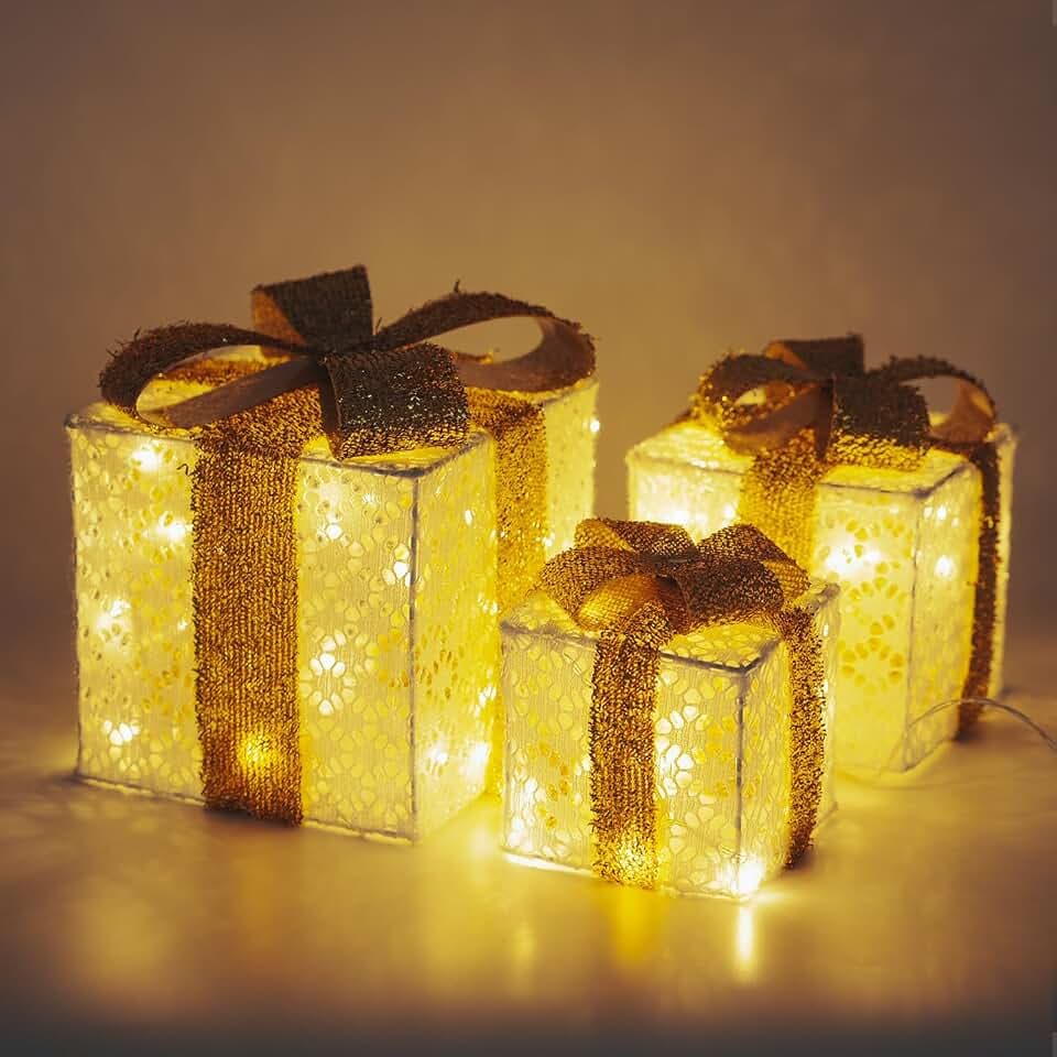 Gresonic 48LED mit 3er Geschenke Leucht Boxen Batteriebetrieben Weihnachts Dekoration Weihnachtsdeko Weihnachten (Schneeflocke (Batterie), 24LED+16LED+8LED)