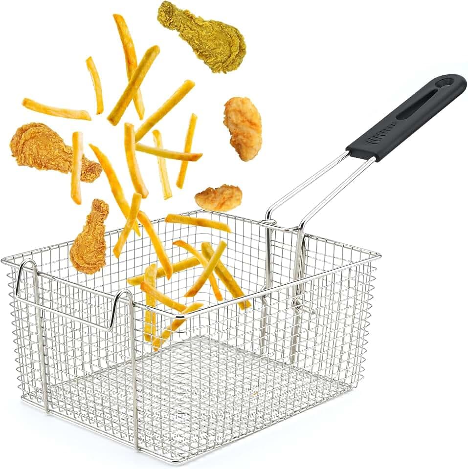Electric Fryer Basket for Frying Serving Food, with Rubber Handle Grip, 7.2" x 8.3" x 4.3" Heavy Duty Construction Suitable for fry chicken, fish, french fries
