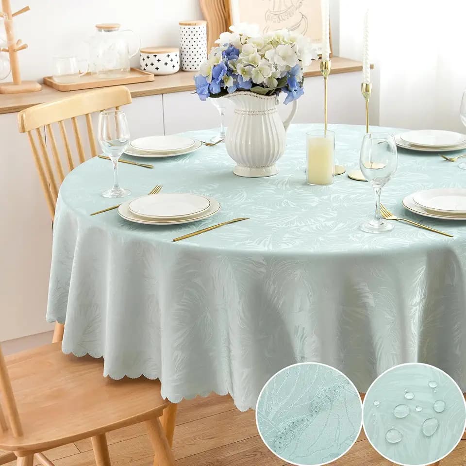 Round Tablecloth 80 Inch Fabric Table Cloth Leaves Pattern Scalloped Edge Silky Soft Tablecloth Waterproof Wrinkle Resistant Washable Table Cover Dinning Party Banquet Decoration (Aqua)
