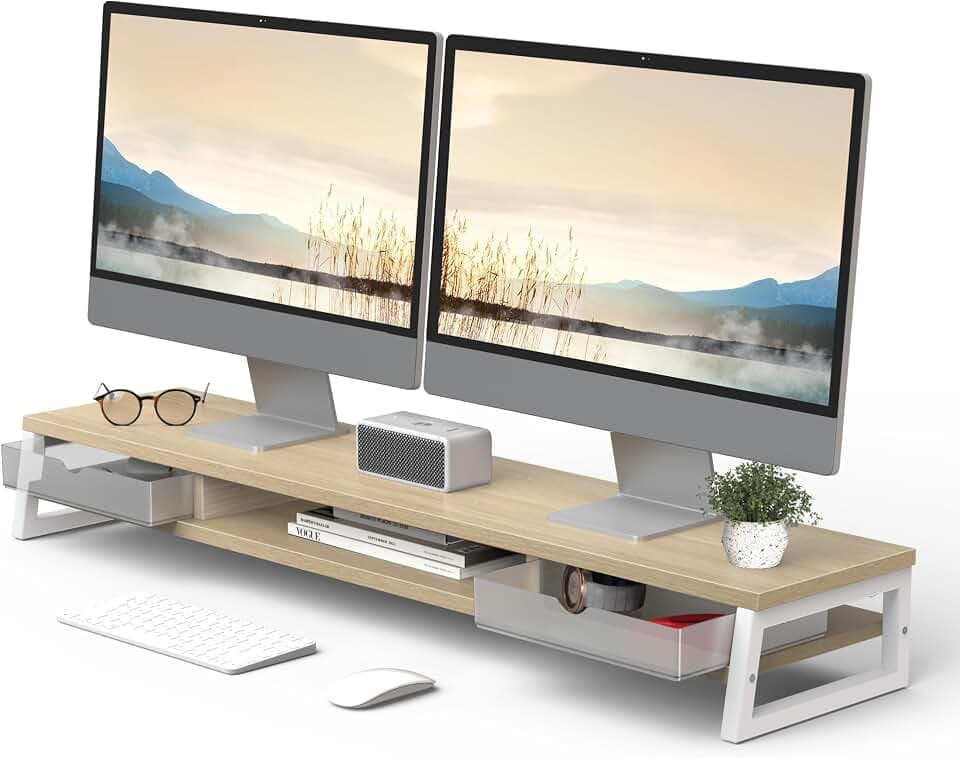 Fenge Dual Monitorständer Riser mit 2 PC Schublade,108cm,Eiche