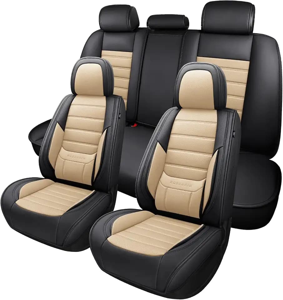 MINGBRON Car Seat Covers Full Set,Black White Car Seat Cover, Car Seat Protector Waterproof, Nappa Leather Car Seat Cushion, Fit for Most Cars