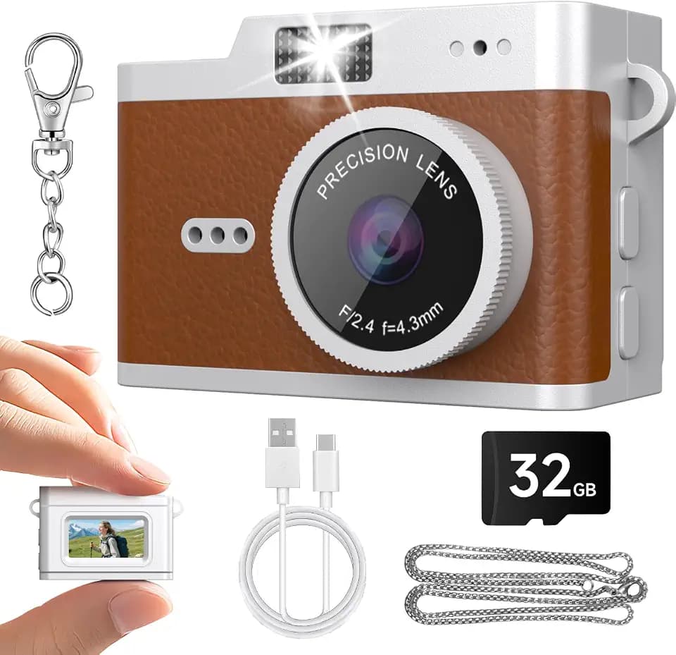 Mini Keychain Digital Camera, Y2K Retro Pocket Camera, 1080P HD Small Video Recorder with 32GB SD Card for Travel, Vlogs & Daily Recording, Brown