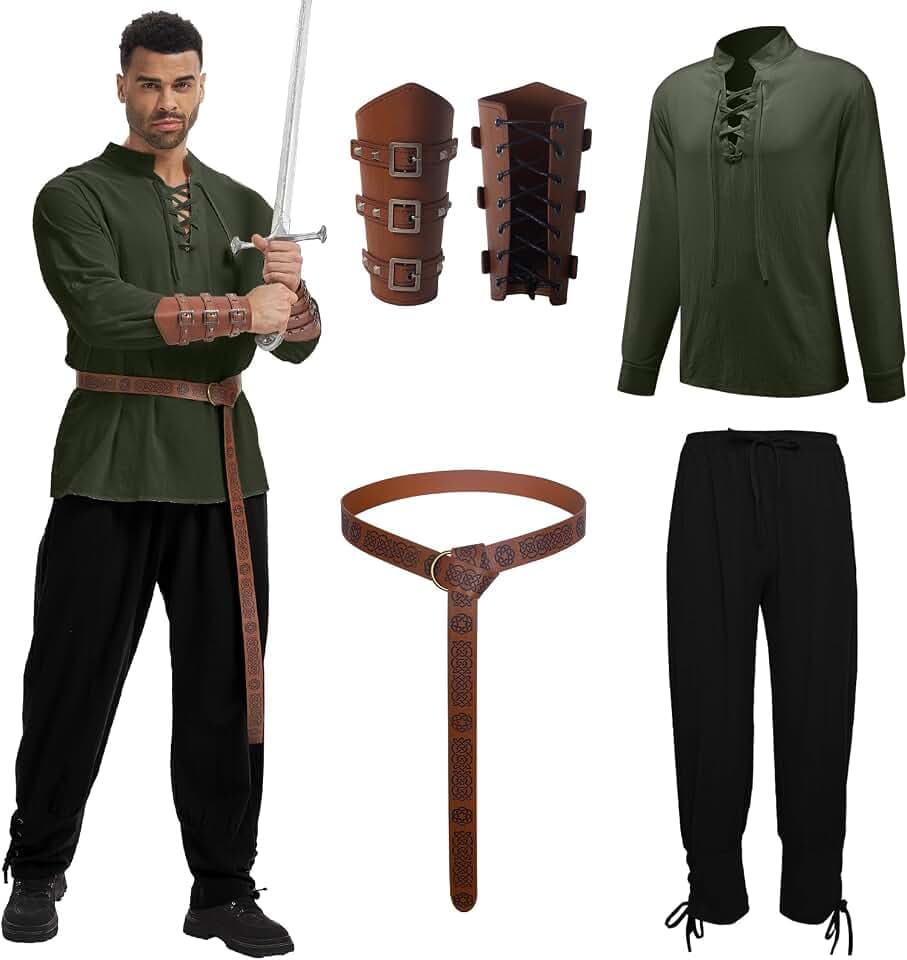 4 Pcs Men's Renaissance Costume Set Medieval Pirate Viking Costume