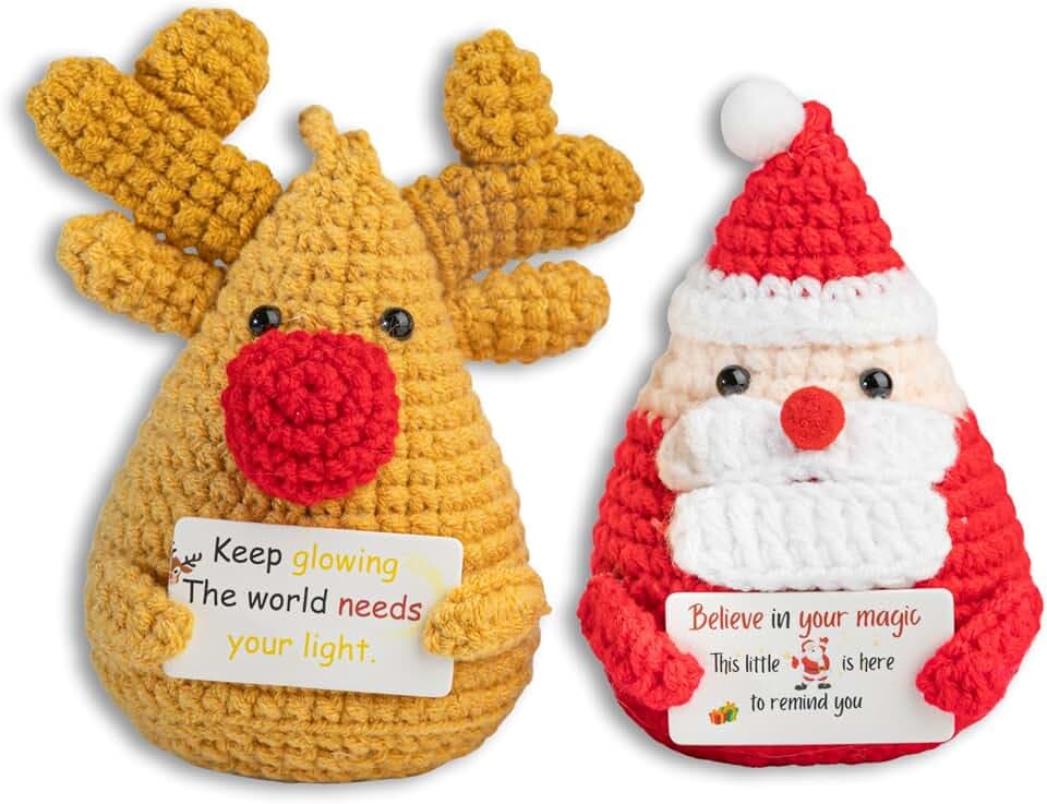 SamMi Crafts Handmade Crochet Santa & Reindeer Doll Set with Uplifting Card – Mother’s Day Gift for Mom, Cute Decorative Keepsake for Home or Office (Santa & Deer)