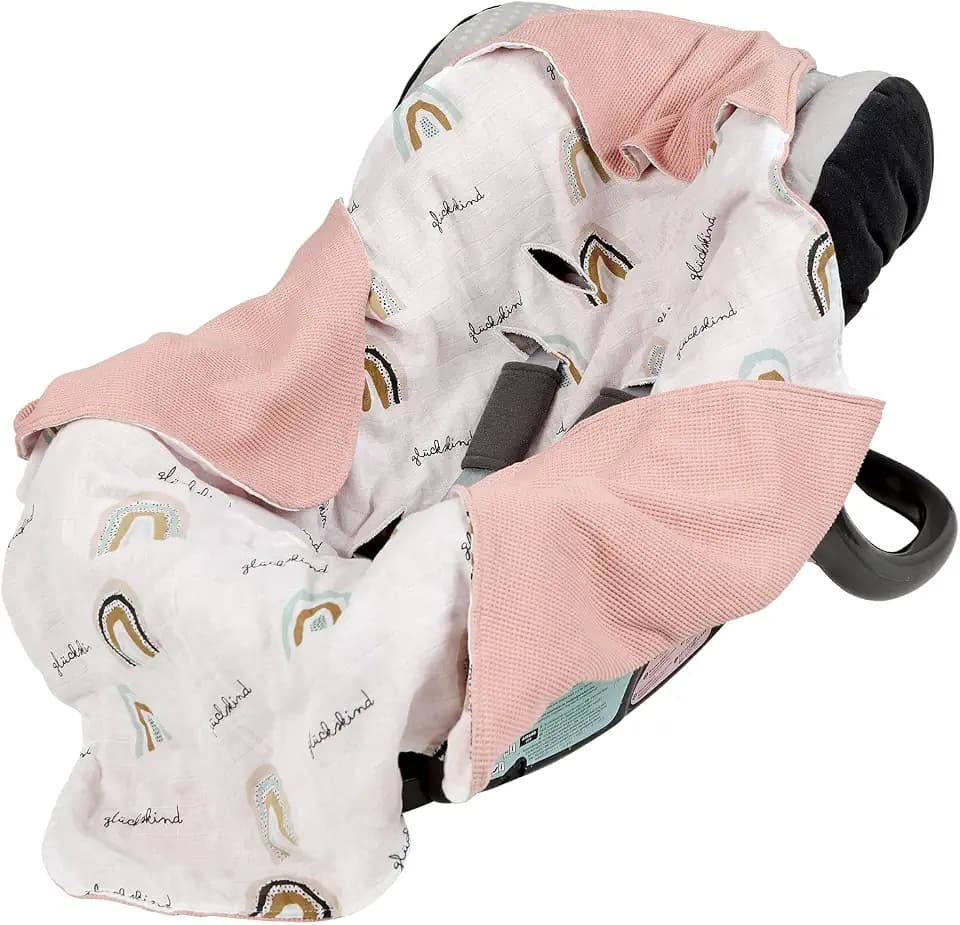 Einschlagdecke mit Glückskind Schriftzug aus 100% Bio-Baumwolle 90x90 cm Kuscheldecke für Kinderwagen Babyschale universal Baby Decke doppelseitig Musselin und Waffelstoff.