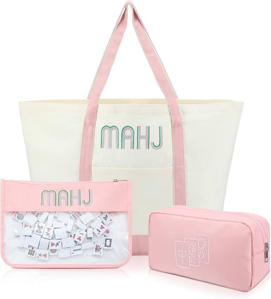 Shinylin 3 Pcs Empty Mahjong Tile Bags with Zipper Set Embroidered Mahjong Canvas Carrying Tote PVC Bag Nylon Pouch for Women(Pink)