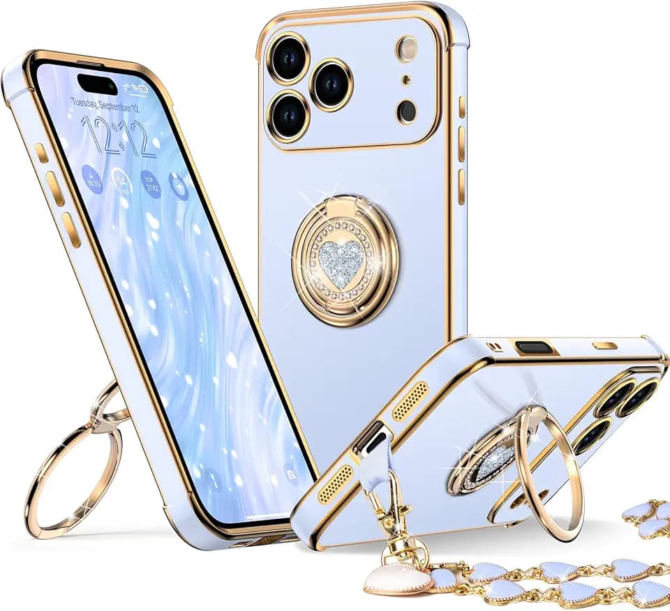 XYZ for iPhone 17 Pro Case with Stand, Phone Case with Double Ring Kickstand, Women Girls Bling Luxury Protective Case Heart for iPhone 17 Pro, Blue