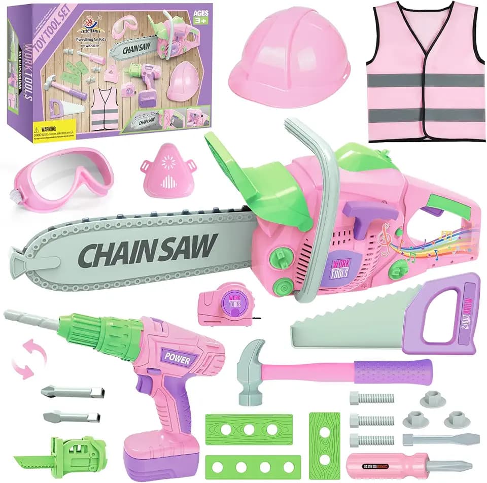 Kids Tool Set with Electric Toy Drill, Toy Chainsaw, Construction Tools & Safety Vest, Pretend Play Pink Tools Kit for Boys and Girls Ages 3+