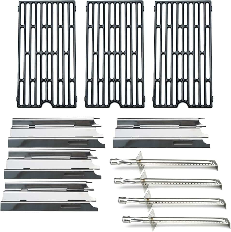 Parts Kit DG207 Replacement for select Vermont Castings grills, 17" Burner 4pcs, 14 1/2" x 7 1/4" Heat Plates 4pcs, set of 3 Cooking Grill Grids, 16 7/16" x 9 1/16" each grid