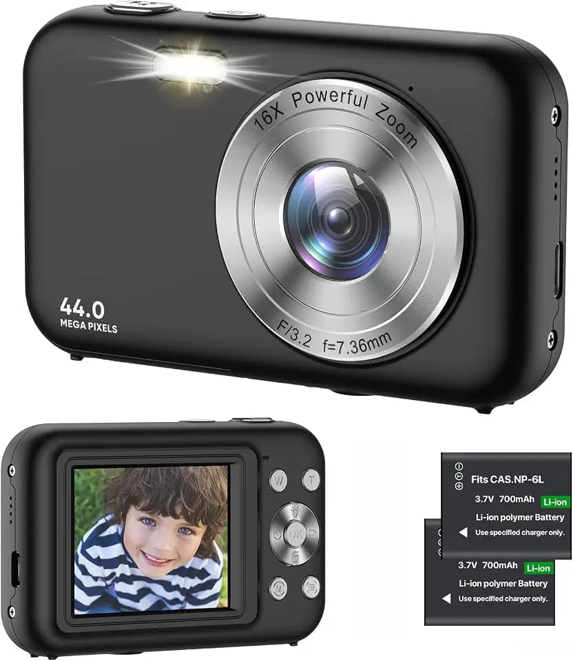 Digital Camera 1080P Kids Camera with 16X Zoom - 44MP Anti Shake Point and Shoot Digital Cameras for Photography | Compact Small Camera for Kids Girls Boys Teens Beginners (SD Card Not Include)