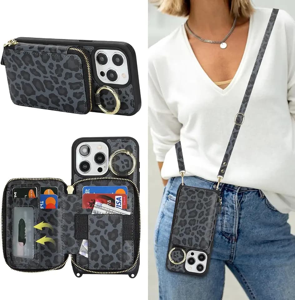 Crossbody Wallet Case for iPhone 13 Pro Max-Black Leopard