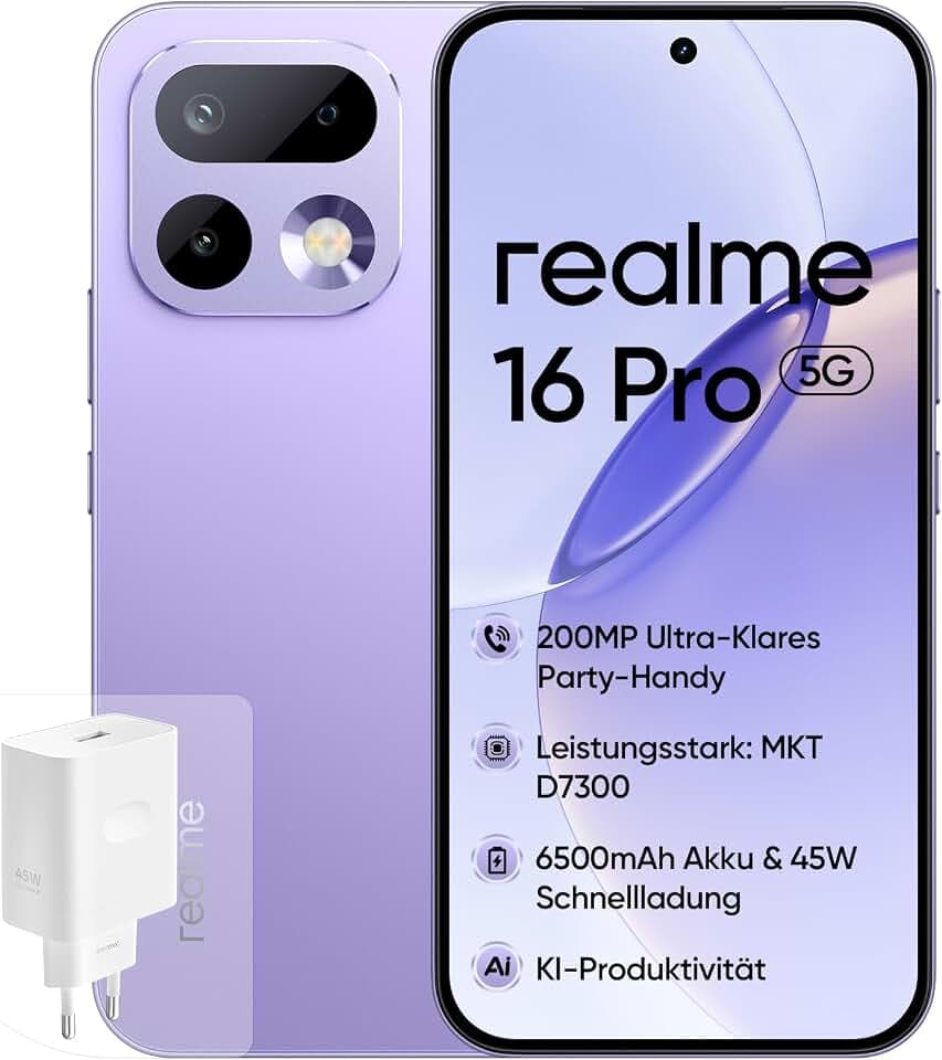 realme 16 Pro 5G Smartphone, 8+256GB, 200MP OIS Kamera, 6500mAh Akku, 6,78" 144Hz Flachdisplay, 45W Schnellladung, KI-Funktionen, IP69, Dual-SIM, Violett (mit Netzteil)