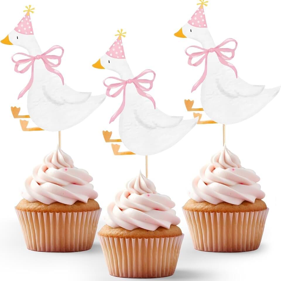 Reallnaive 12 Pcs Silly Goose Cupcake Toppers, Birthday Party Decor, Pink