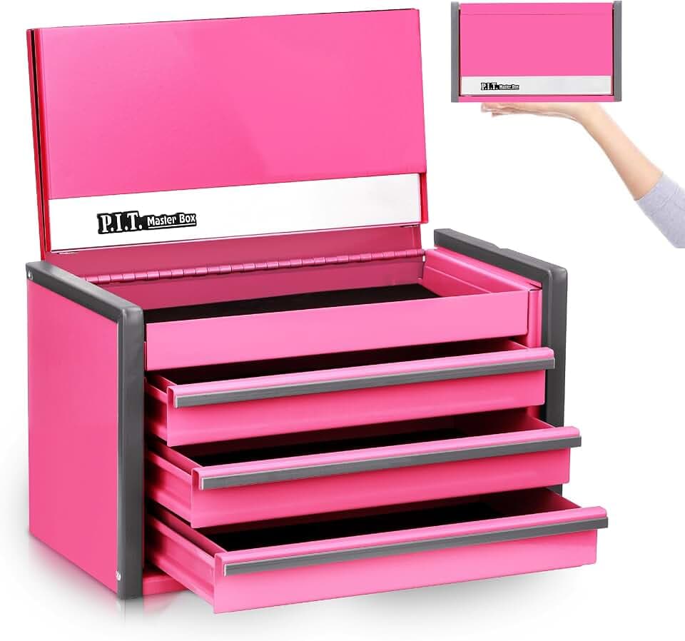 P.I.T. Mini Tool Box,3 Drawers Small Metal Toolbox for Tools Storage,Pink