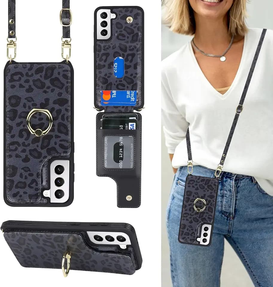Lipvina for Samsung Galaxy S21 Case with Strap,Black Leopard