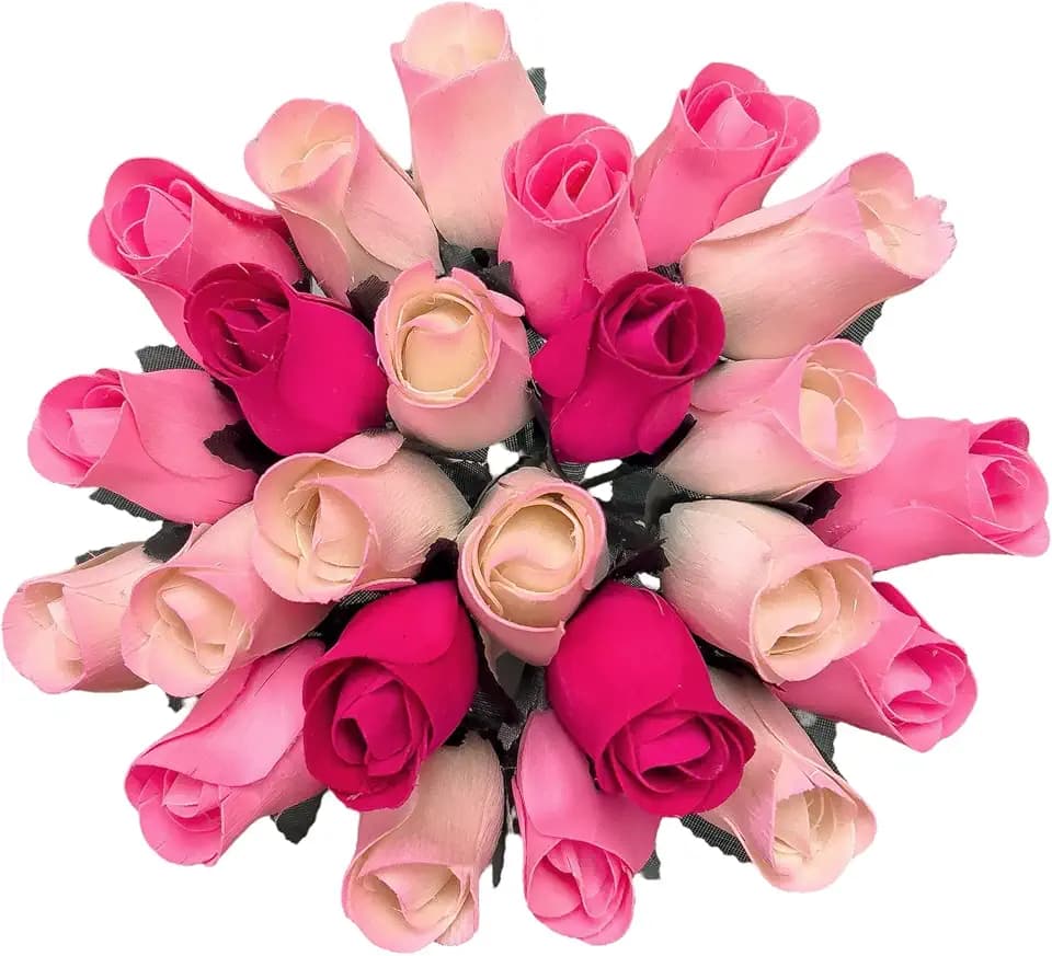 Two Dozen (24) Shades Of Pink Wooden Rose Bouquet - Realistic Faux Roses in White, Hot Pink & White-Pink - Long-Lasting Handmade Flowers for Gifts, Home Decor, Valentines, Wedding or Anniversary