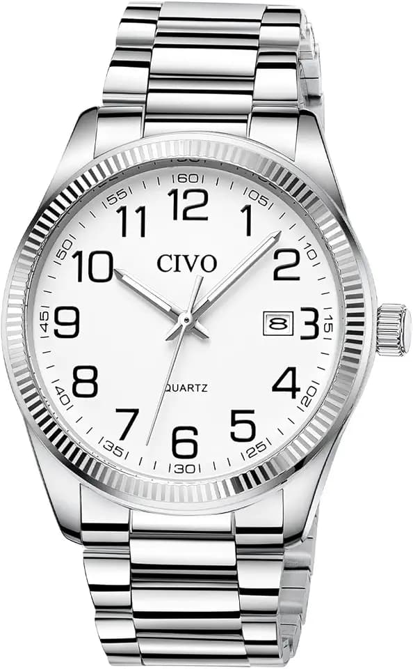 CIVO Silver Analog Watches for Men: Stainless Steel Dress Wrist Watch Date