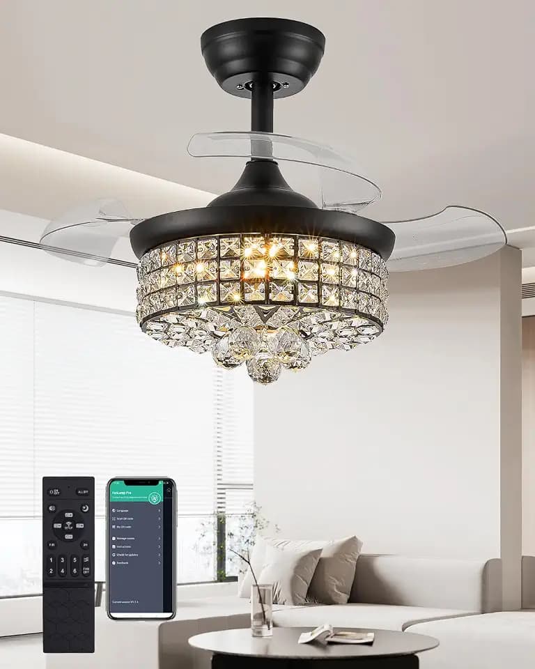 30 Inch Dimmable Chandelier Ceiling Fan, Crystal Fandelier Ceiling Fan with Light and Remote for Bedroom Living Room, Black