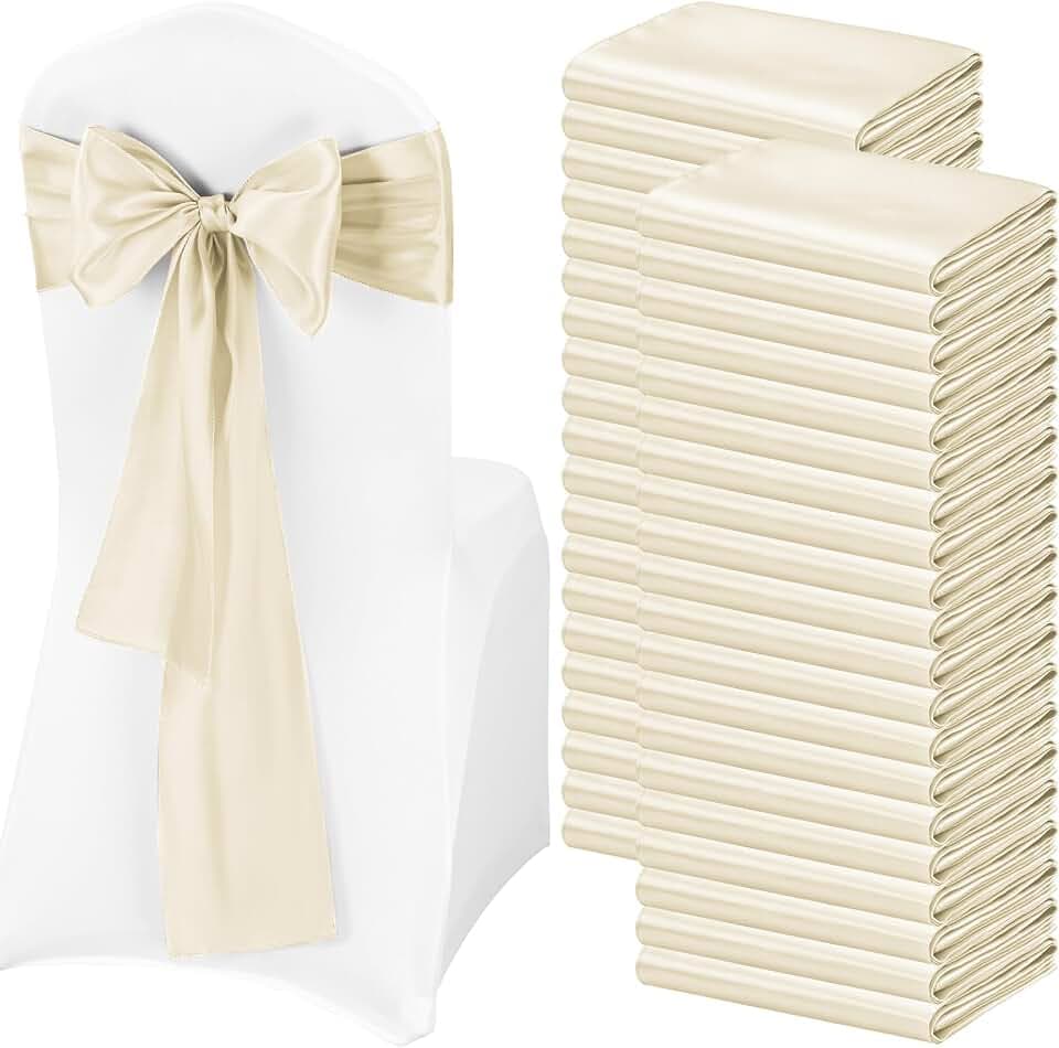 Pesonlook 120 PCS Ivory Satin Chair Sashes Bows Satin Chair Sashes Universal Chair Cover for Wedding Reception Restaurant Event Decoration Banquet,Party,Hotel Event Decorations (7 x 108 inch)